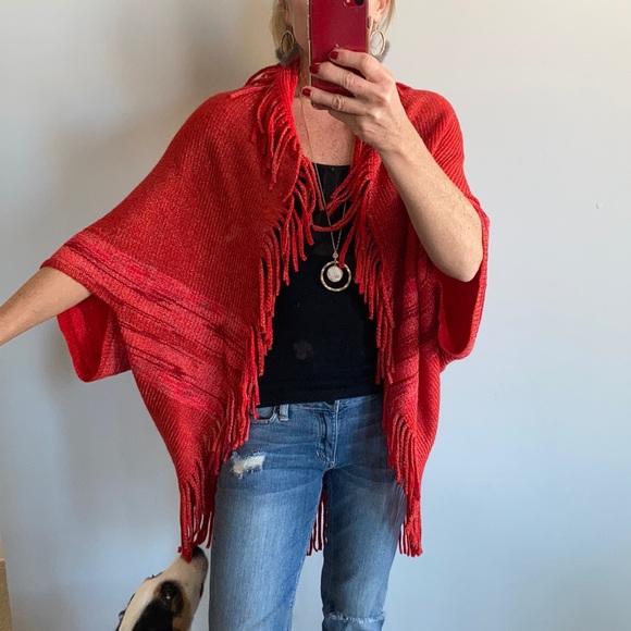 Red Fringed Sweater Kimono/Wrap - Picture 5 of 7